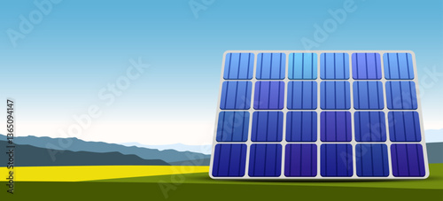 Solar panel, sun energy glass cells in nature. Green sustainable eco-friendly energy, alternative power concept.