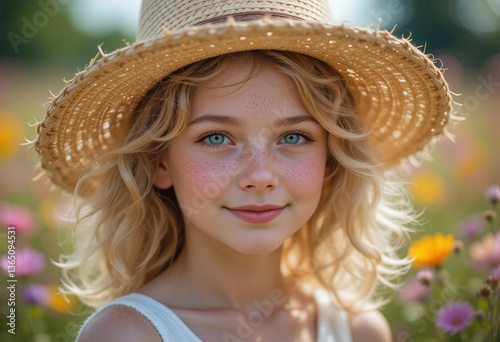 Adorable freckled girl in straw hat smiles sweetly amidst a vibrant summer meadow bathed in soft