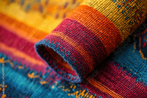 Close-up of vibrant, multicolored woven fabric with rich texture and intricate patterns.