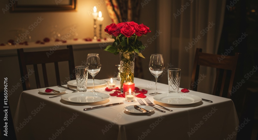 Romantic Dinner Table Setting with Red Roses Candles and Wine Glasses Romantic Dinner Table Setting with Red Roses Candles and Wine Glasses