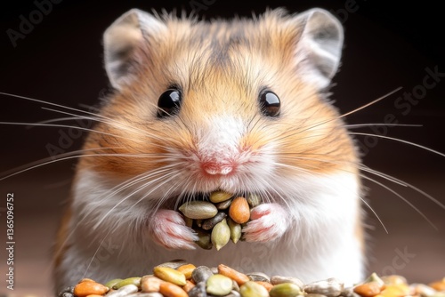 Chubby hamster joyously gathering sunflower seeds with innocent eyes in a close-up capture of cuteness and warmth