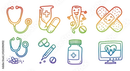 Playful Rainbow Healthcare Doodles A set of hand-drawn, doodle-style healthcare icons rendered in vibrant rainbow hues, offering a fun and creative twist on traditional medical symbols.