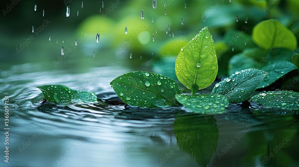 Green Leaves Above Water in Drizzle, Fresh and Relaxing Scene of Nature After the Rain Green Leaves Above Water in Drizzle, Fresh and Relaxing Scene of Nature After the Rain