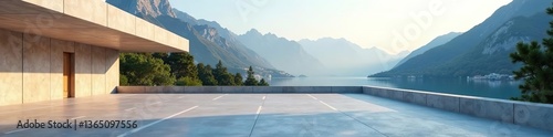 Modern building design with empty parking area, concrete wall, and stunning mountain and lake view backdrop,  car scene, modern