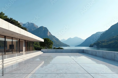 Modern building with sleek architecture, empty parking area, concrete wall, mountain view, blue sky, lake backdrop, 3D rendering,  concrete,  3D rendering
