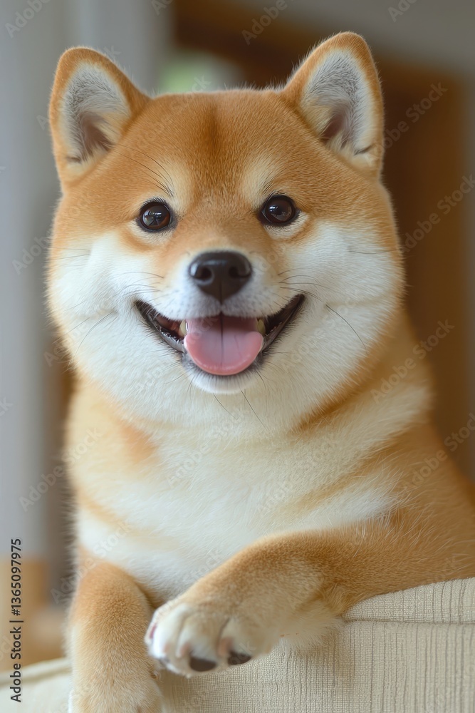 Happy Shiba Inu Dog Smiling at Camera in Cozy Indoor Setting Happy Shiba Inu Dog Smiling at Camera in Cozy Indoor Setting