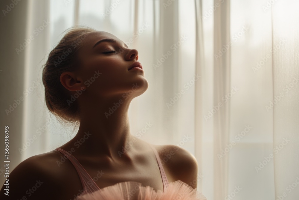 Elegance of a ballerina in a dusty rose tutu framed by soft afternoon light near an old window Elegance of a ballerina in a dusty rose tutu framed by soft afternoon light near an old window
