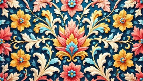 Elegant floral damask pattern, intricate design, fabric, vintage, luxury