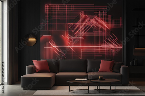 Maroon neon geometric shapes electrify matte charcoal surfaces, creating bold visual energy and art expression