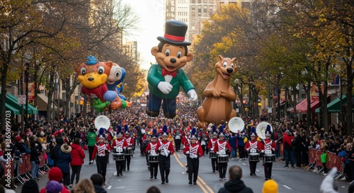 Thanksgiving Day Parade Giant Balloons Marching Band Festive Crowd
