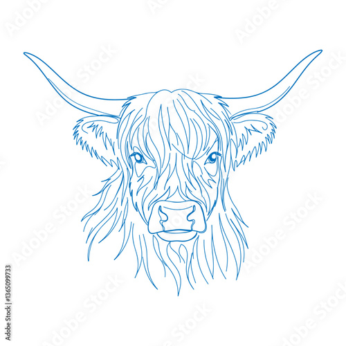 Minimalist Highland cow head line art, elegant single-line sketch