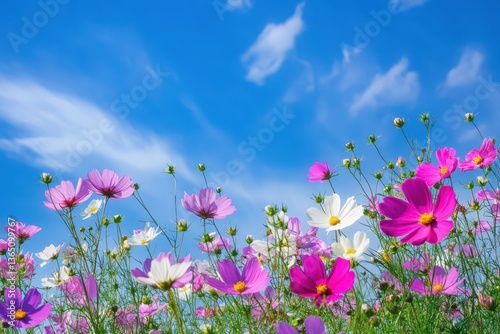 A vibrant field of wildflowers under a bright blue sky