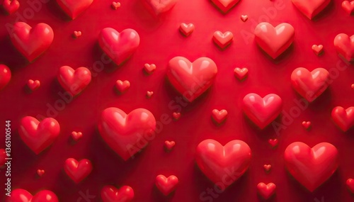Seamless pattern of heart shapes in various sizes and shades of red on a vibrant background, vibrant, Valentine's day
