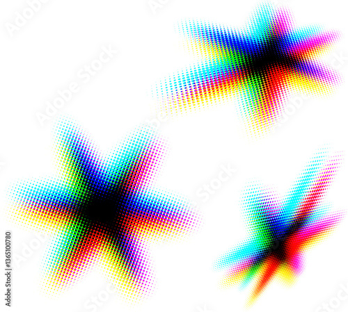 Set of six-pointed rainbow halftone stars. Vector.