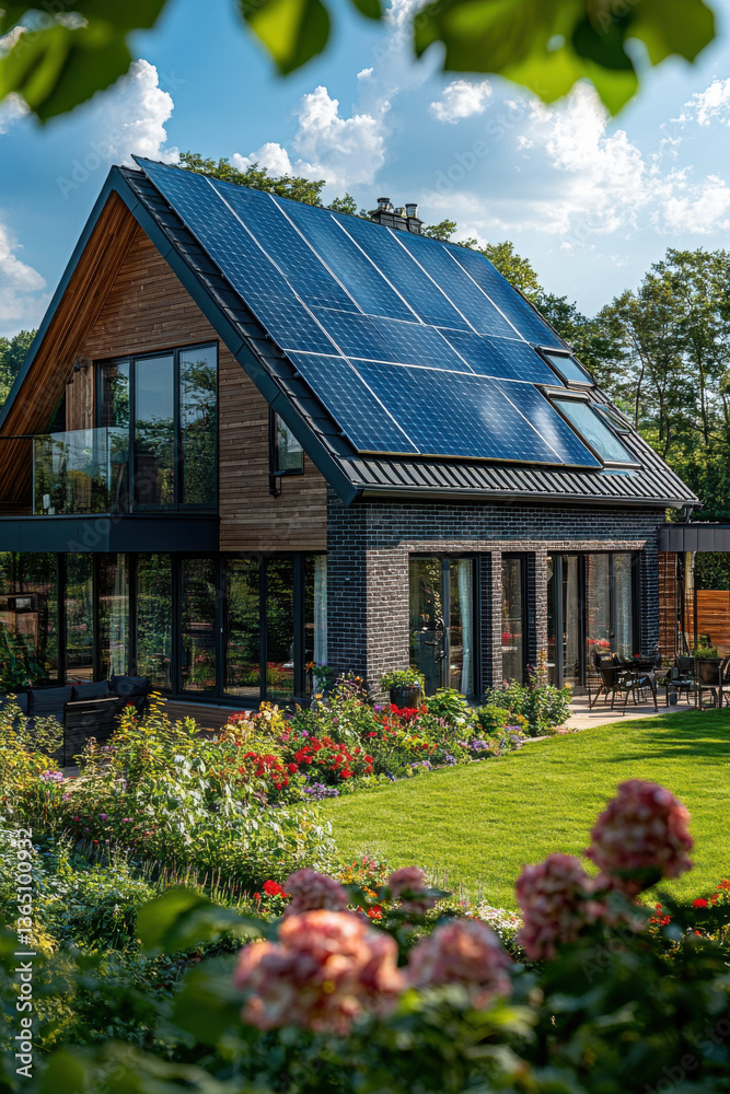 Modern sustainable house with solar panels and lush garden under a blue sky