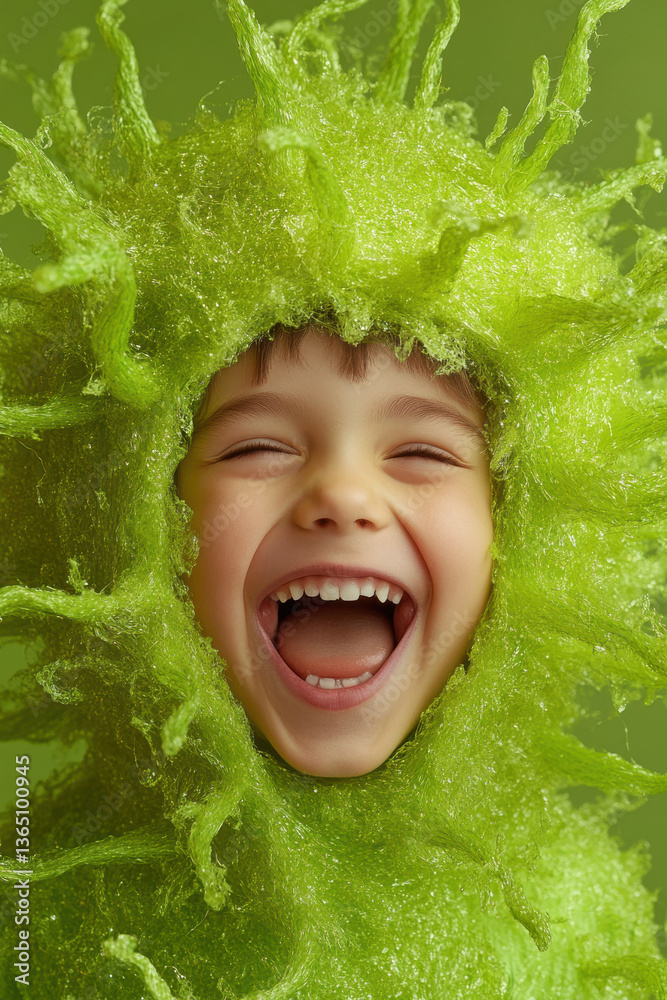 Joyful child laughing in green spiky costume with playful expression on green background