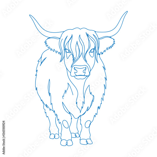 Minimalist Highland cow line art illustration, single continuous stroke drawing of a Scottish cattle breed with long shaggy hair and curved horns