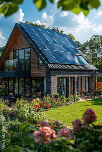 Obraz na płótnie Modern sustainable house with solar panels and lush garden under a blue sky w salonie