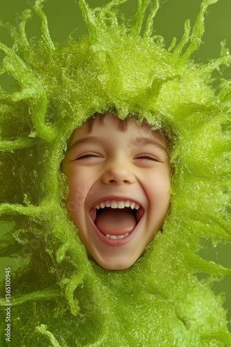 Obraz na płótnie Joyful child laughing in green spiky costume with playful expression on green background w salonie