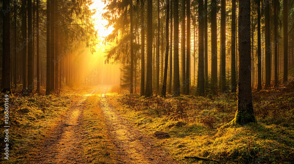 Fototapeta premium Golden Forest Trail: A captivating forest path, bathed in golden sunlight, beckons viewers into a realm of tranquility and natural beauty. Towering trees line the trail.