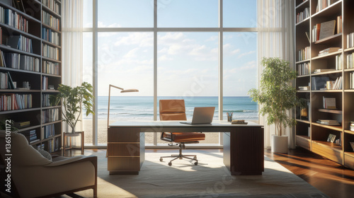 Obraz na płótnie Modern beachfront home office with large windows overlooking ocean and cozy bookshelves for a serene work environment w salonie