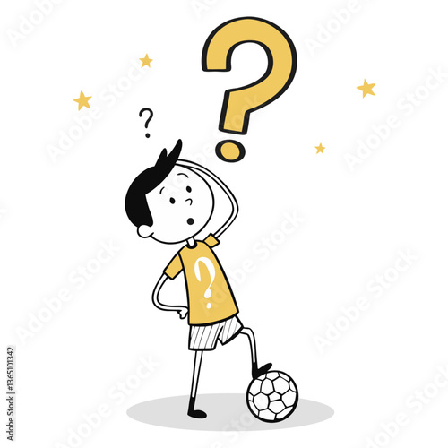 Curious Young Boy Standing on The Floor with Football and Question Mark. Brainstorming Concept, Thoughtful Expression, Questioning, Inquisitive Mood Conceptual Vector Illustration