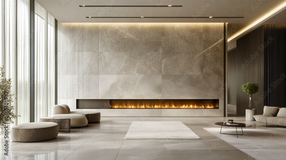 Fototapeta premium Modern minimalist living room with marble walls and stylish fireplace in spacious open interior