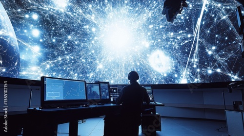A space scientist using AI to analyze cosmic particle data, observatory with data visualization tools and cosmic particle detectors visible, High-tech style