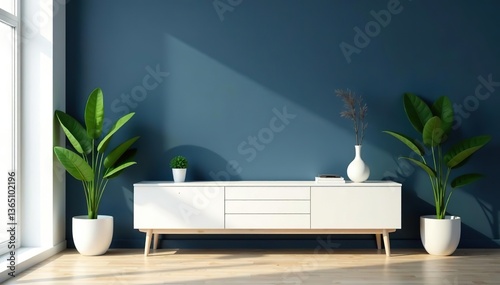 Modern living room interior mock up with white cabinet, plants, wooden floor, navy blue wall background, minimal style,  empty room,  home decor