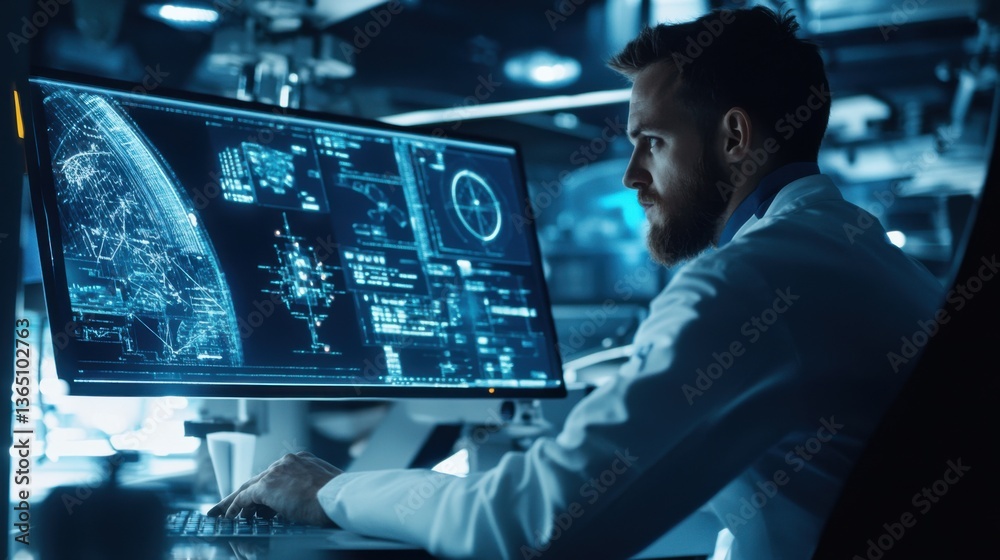 A space scientist working on satellite navigation systems, space research lab with satellite components and GPS equipment visible, High-tech style