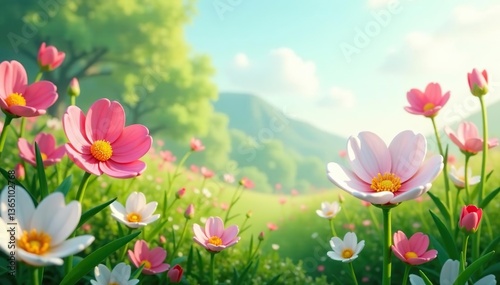 Lush 3D rendering of high flower blooming meadow shapes,  vibrant,  3D rendering