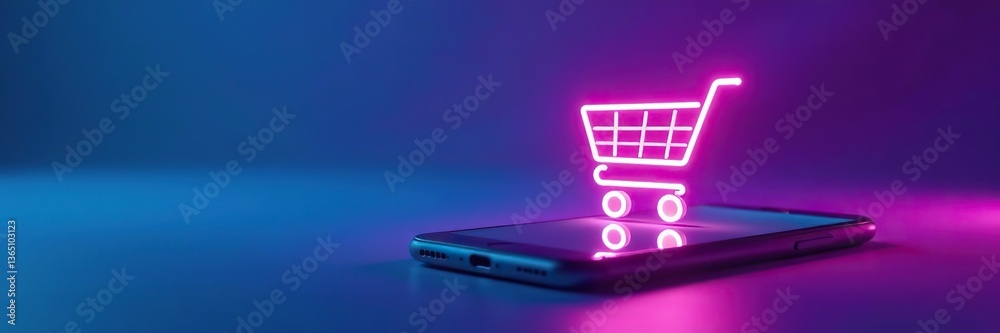 Neon shopping cart symbol hovering over smartphone on vivid blue and purple background, graphic design, futuristic Neon shopping cart symbol hovering over smartphone on vivid blue and purple background, graphic design, futuristic
