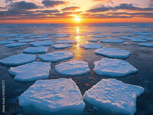 Beautiful sunset over sea with scattered floating ice floes