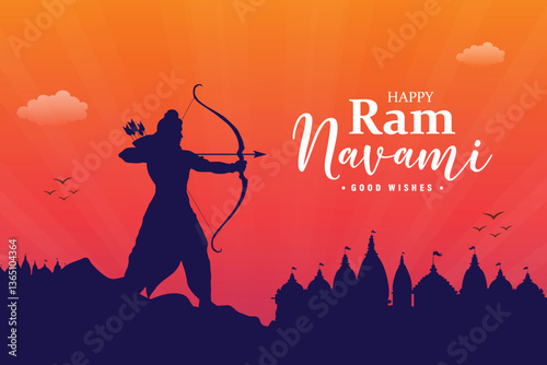 Happy ram navami good wishes social media post or banner vector design with god ram bow silhouette, and temple