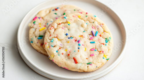 Sweet Treats: Delightful close-up of two soft cookies, speckled with vibrant sprinkles, on a round plate, capturing the essence of homemade goodness and tempting treat