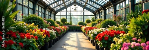 Interior of a large greenhouse filled with colorful blossoming seasonal flowers and plants nursery for sale in Trento, northern Italy, Europe,  plants,  sale
