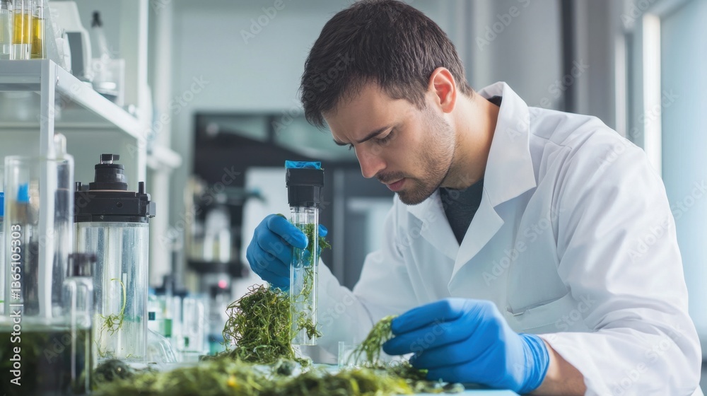 A sustainable materials engineer developing biodegradable packaging from seaweed, eco-lab with seaweed samples, biodegradable film prototypes