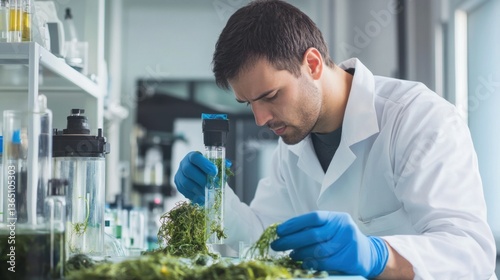 Obraz na płótnie A sustainable materials engineer developing biodegradable packaging from seaweed, eco-lab with seaweed samples, biodegradable film prototypes w salonie