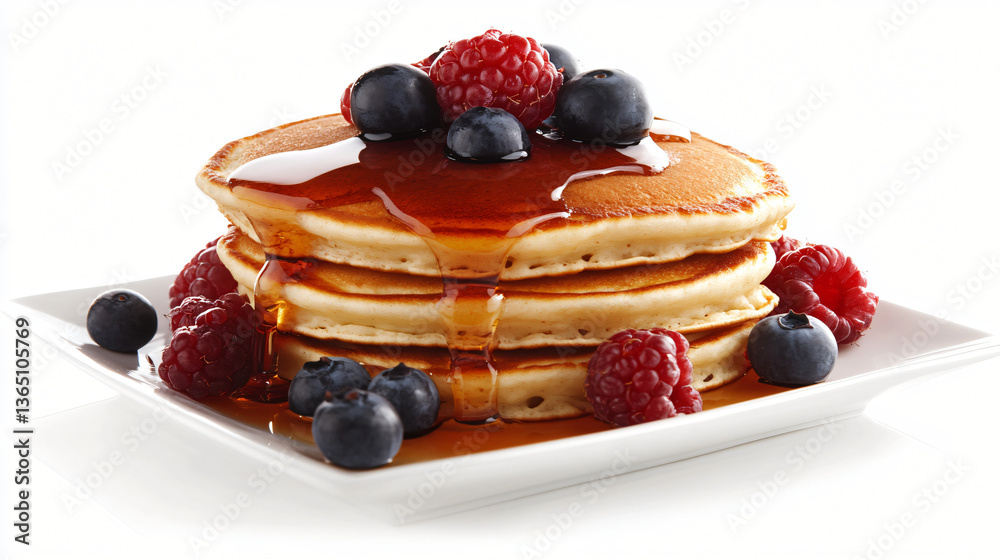 custom made wallpaper toronto digitalPancake Paradise: A stack of fluffy pancakes is crowned with fresh blueberries and raspberries, lavishly drizzled with sweet syrup, promising a delightful culinary experience.