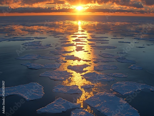 A beautiful sunset reflects upon icy waters and fragmented ice sheets