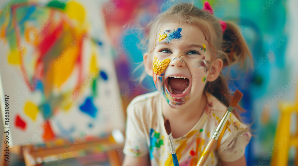 Happy childhood. Close-up of a funny little girl, stained with colorful paints and with brushes in her hair, shouting for joy. An easel with a child’s drawing is in the background. Kids imagination Happy childhood. Close-up of a funny little girl, stained with colorful paints and with brushes in her hair, shouting for joy. An easel with a child’s drawing is in the background. Kids imagination