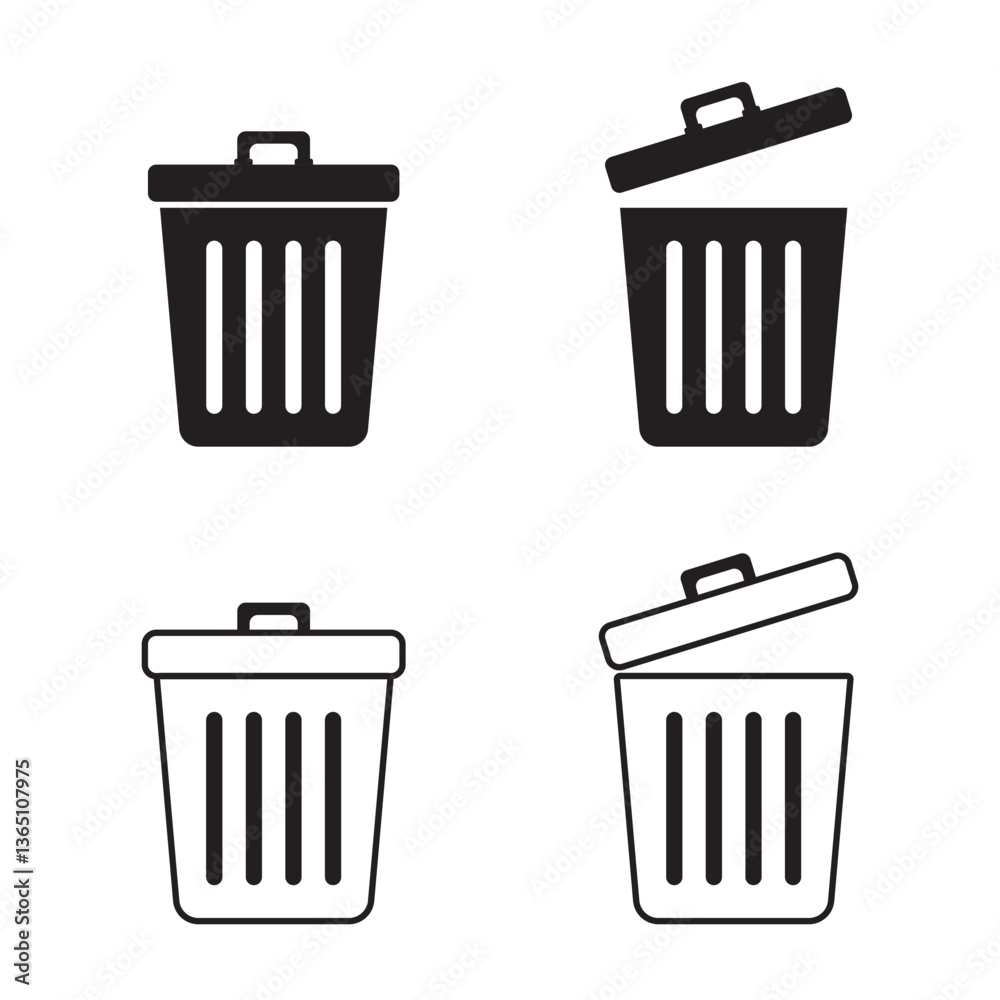 A set of four trash bin icons in solid and outline styles. Perfect for waste management, recycling, sanitation, eco-friendly concepts, and environmental awareness designs. A set of four trash bin icons in solid and outline styles. Perfect for waste management, recycling, sanitation, eco-friendly concepts, and environmental awareness designs.