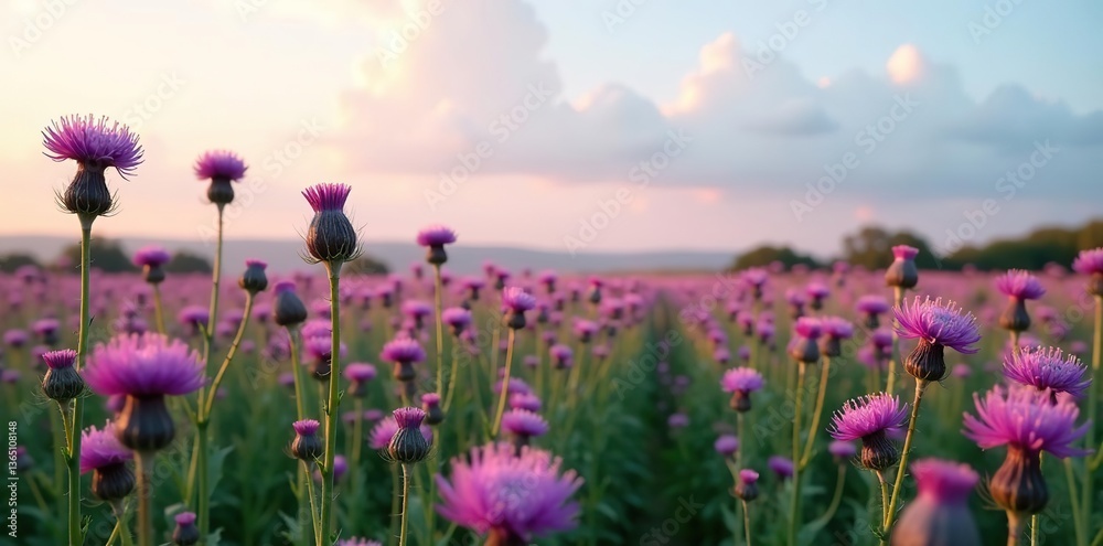 Obraz premium Sea of tall spiny purple Cotton Thistle flowers in full bloom, Onopordum, purple