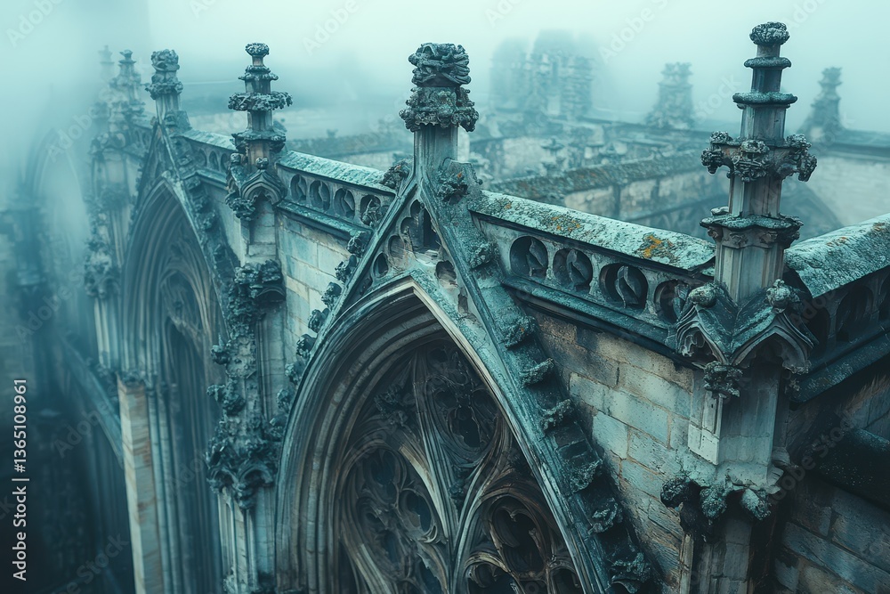 Naklejka premium Exploration of Gothic Architecture Showcasing Intricate Rose Windows and Supporting Flying Buttresses in a Misty Setting