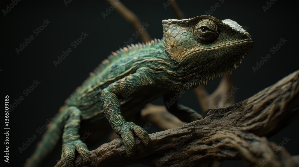 Obraz premium Close-Up of a Colorful Lizard on a Branch Against a Dark Background