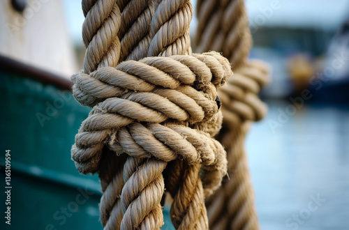 Nautical rope construction framing the last leg of journey inspires robust adventure in maritime environments