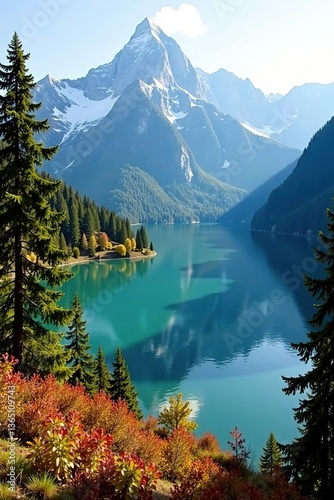 Lush forest and snow-capped mountains surrounding peaceful lake in Parc Naziunal Svizzer, perfect for autumn hikes, autumn,  2024