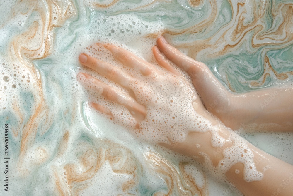 Fototapeta premium Handsoap. Housemaid's Clean Hands Washing in Kitchen Sink with Foam and Water