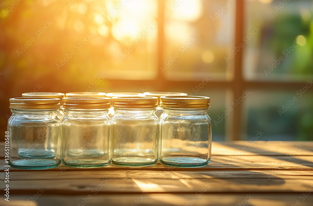 Pile of glass food jars with clear finish arranged for pristine culinary storage and display Pile of glass food jars with clear finish arranged for pristine culinary storage and display