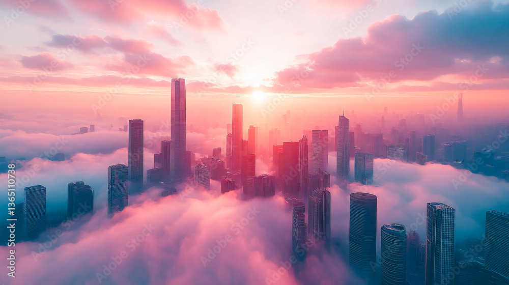The landscape of the fairy-tale city of skyscrapers and tall buildings in pastel pink clouds. A fantasy destination from a bird's eye view The landscape of the fairy-tale city of skyscrapers and tall buildings in pastel pink clouds. A fantasy destination from a bird's eye view